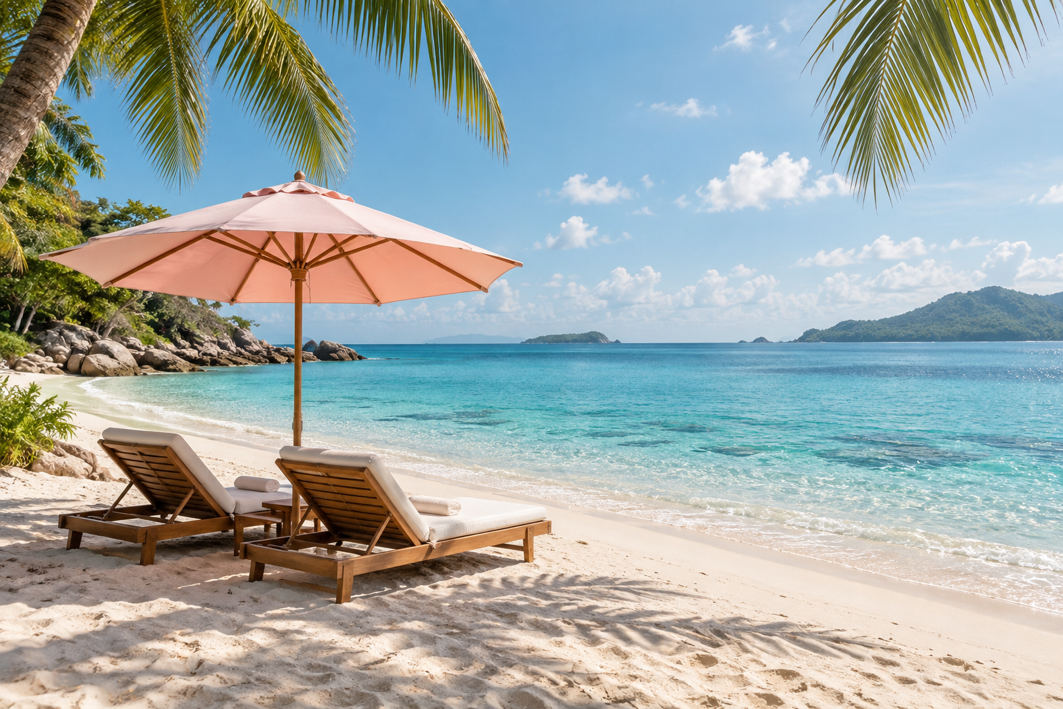 Pink beach umbrella and lounge chairs beside clear turquoise water under palm trees